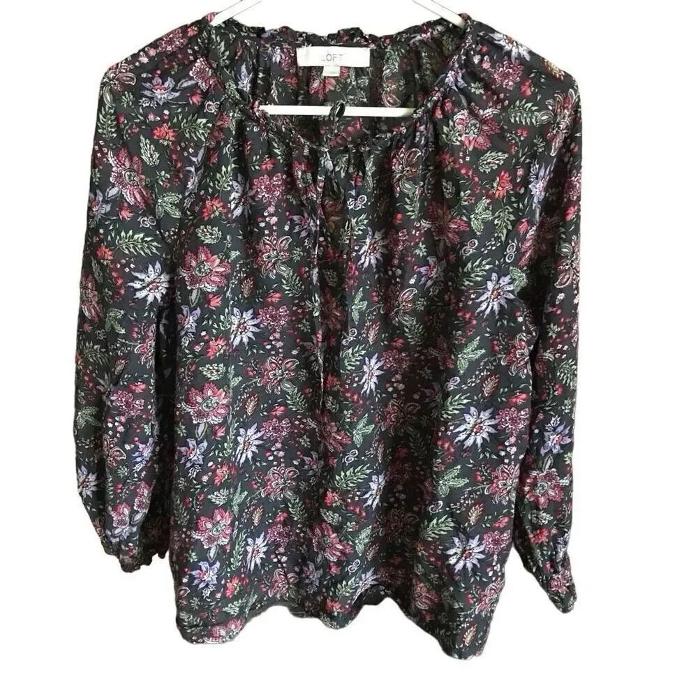 Loft size Large blouse top black floral long sleeve ruffle ties